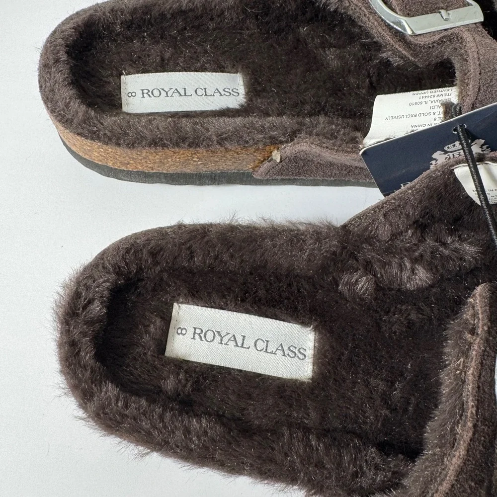 Royal Class Mens‎ Faux Fur Lined Footbed Sandals Brown Buckle Slides Size 8 NEW